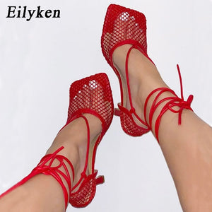 Eilyken Summer Autumn Sexy Mesh Pumps sandals Female Square Toe high heel Lace Up Cross-tied Stiletto hollow Dress Pumps shoes