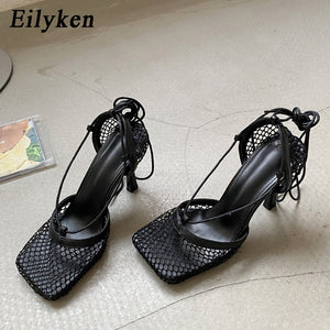 Eilyken Summer Autumn Sexy Mesh Pumps sandals Female Square Toe high heel Lace Up Cross-tied Stiletto hollow Dress Pumps shoes