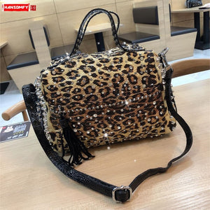 Women's Handbag Tassel Diamond Bag Women Fashion Shoulder Messenger Leopard Print Bags Rivet Rhinestone