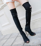 Hot Fashion Women Boots High Heels Spring Autumn Peep Toe Over The Knee Boots Tight High Stiletto Jeans Boots