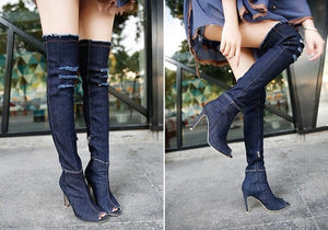 Hot Fashion Women Boots High Heels Spring Autumn Peep Toe Over The Knee Boots Tight High Stiletto Jeans Boots
