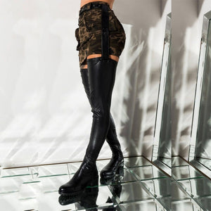 Black Over Knee High Boots Stretch Fabric Fit All Size Ladies Round Toe Thigh High Long Boots Low Chunky Heel