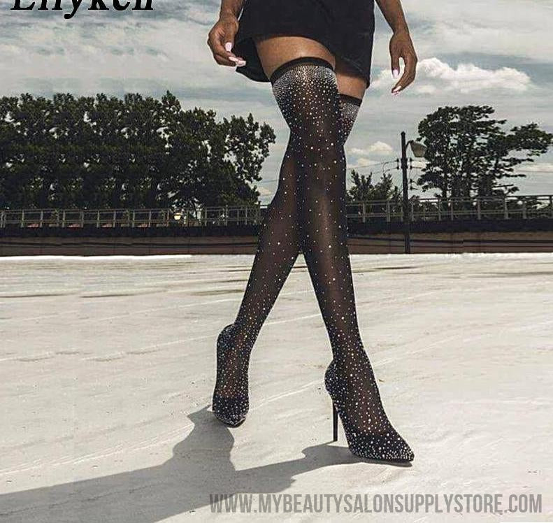 Fashion Runway Crystal Stretch Fabric Over-the-Knee Heel Thigh High
